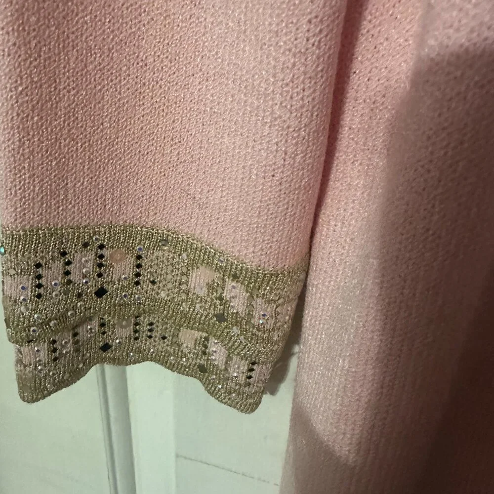 St. John Evening Pink Metallic Gold Studs Trim Topper Long Jacket - Picture 4 of 4